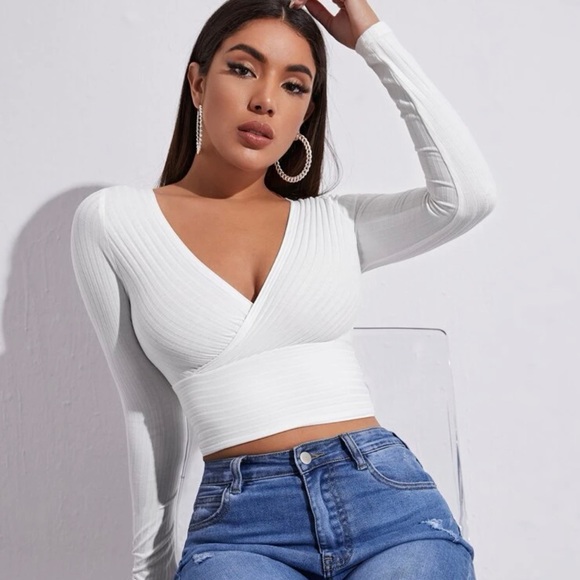 Surplice Neck Rib-Knit Crop Tee - Picture 2 of 5